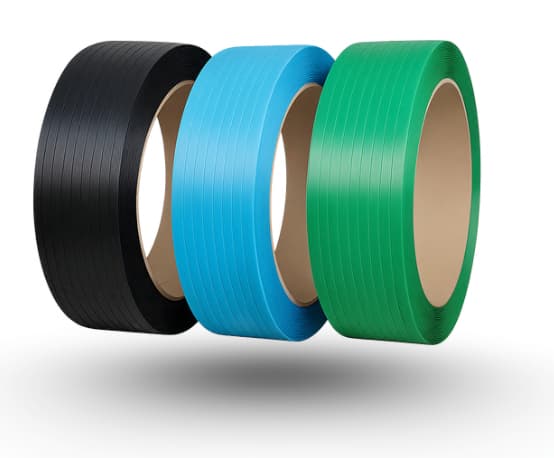 PET strap rolls for palletized industrial load containment