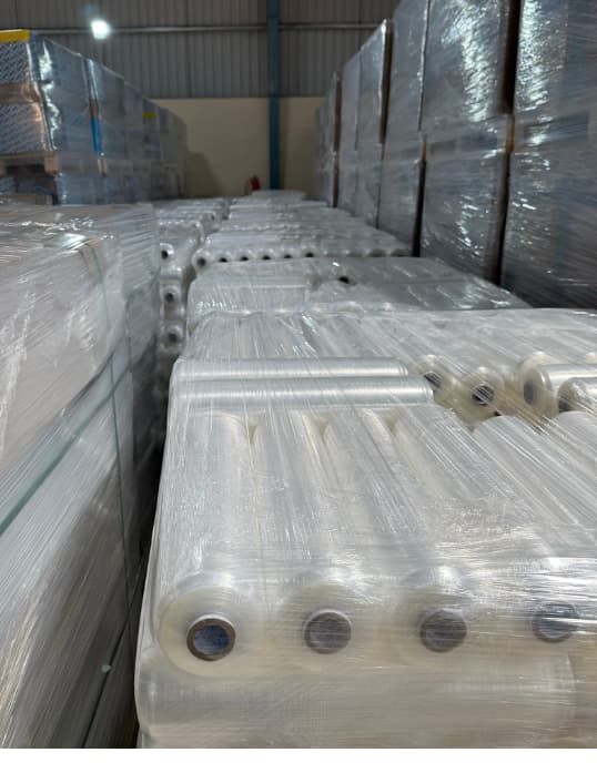 Stretch film rolls for warehouse pallet wrapping and distribution